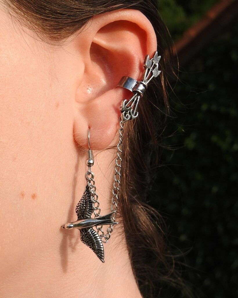 earring, jewel, nature, silver, extravagant, ear, bird, arrows